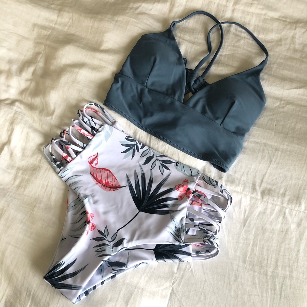 Blue Bikini Top with Highwaisted Blue Leaf Print Bottom